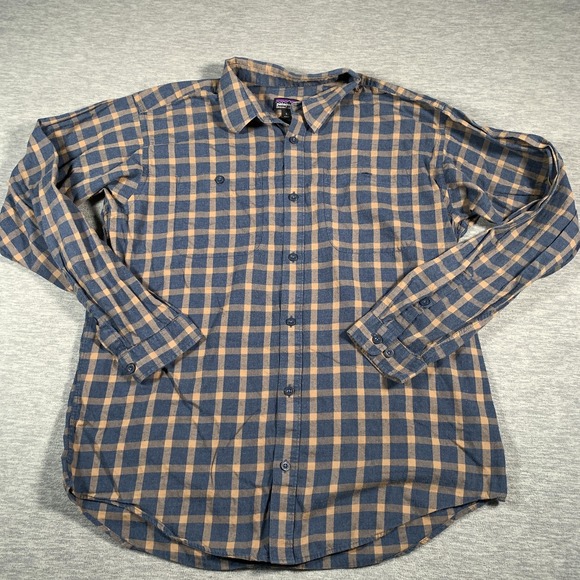 Patagonia Shirt Mens Large Blue Tan Plaid Organic Cotton Button Down Flannel - Picture 1 of 11
